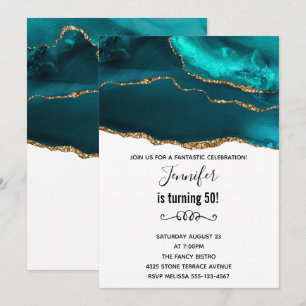 Convites Aniversário de Ágata Dourada Teal e Branco Moderno