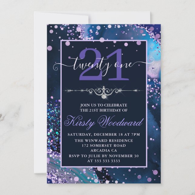 Convites Aniversário de Ágata Falsa Brilho Azul e Roxo (Frente)
