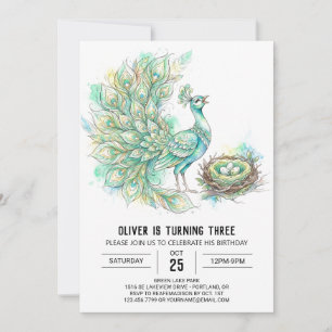 Convites Aniversário de Aguarela Pavão Turquesa