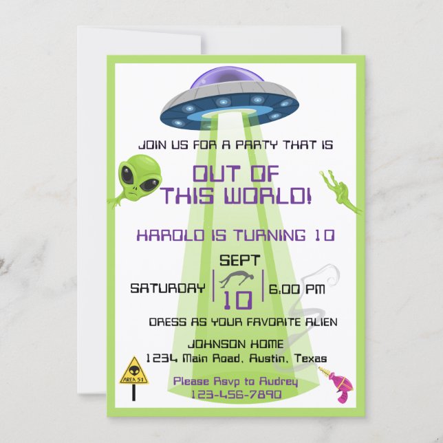 Convites Aniversário de Alien Fora do Mundo Qualquer Idade (Frente)