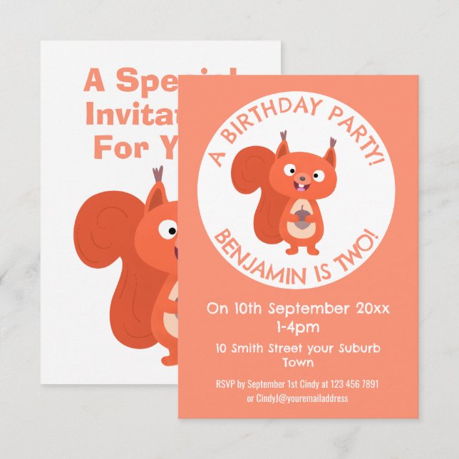 Convites Aniversário de animação de esquilo vermelho (Frente/Verso)