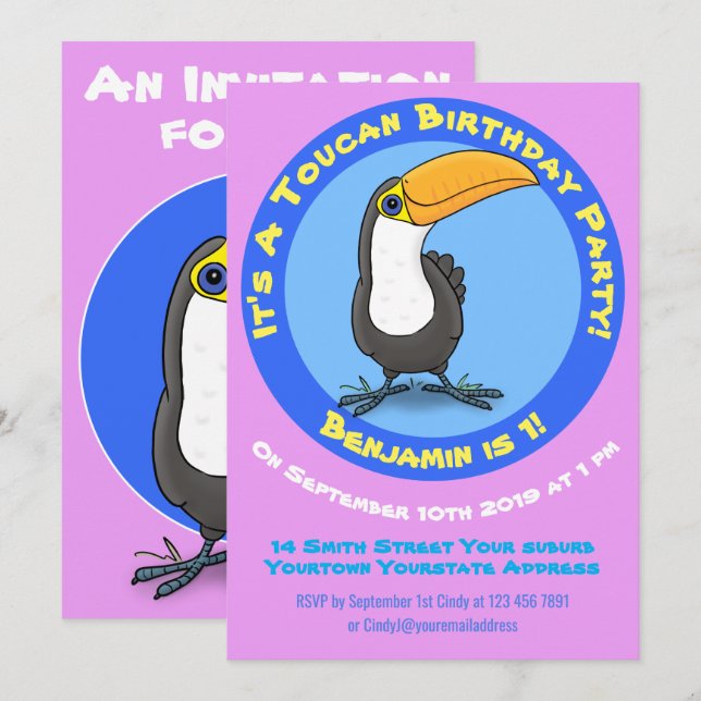 Convites Aniversário de animação de pássaros tucanos bonito (Frente/Verso)