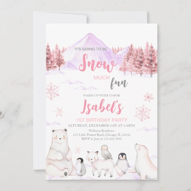 Convites Aniversário de Animais Árticos Rosa (Frente)