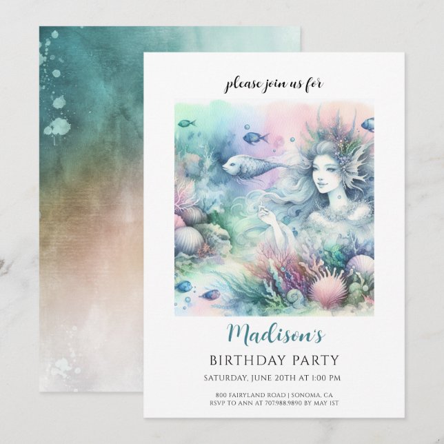 Convites Aniversário de Aquarela da Mereia Mágica (Frente/Verso)