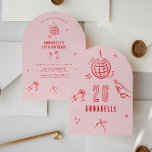 Convites aniversário de aranha desenhada com mão branca beb<br><div class="desc">O branco rosa e vermelho desenhado à mão por idade editável bebe coquetel de arco coquetel de bola de discoteca.</div>