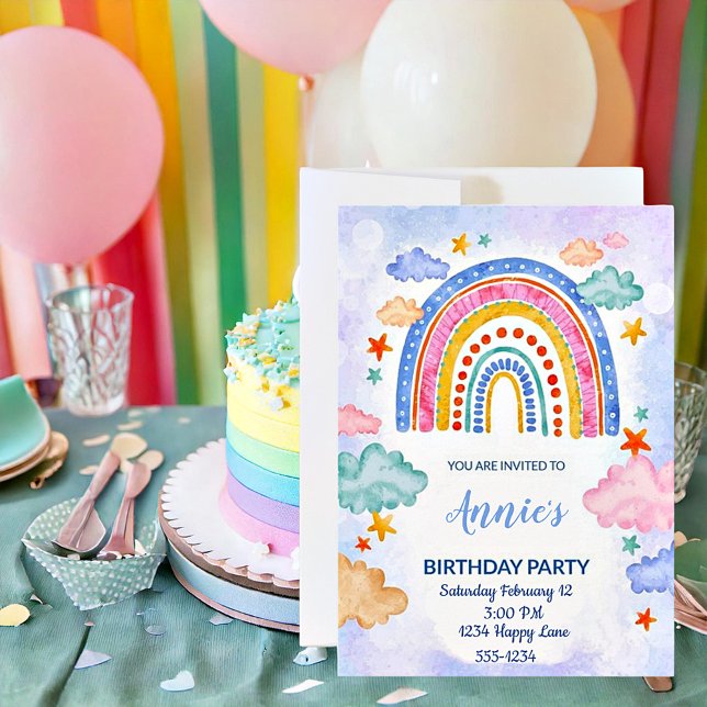 Convites Aniversário de arco-íris desenhado à mão em pastel (Criador carregado)