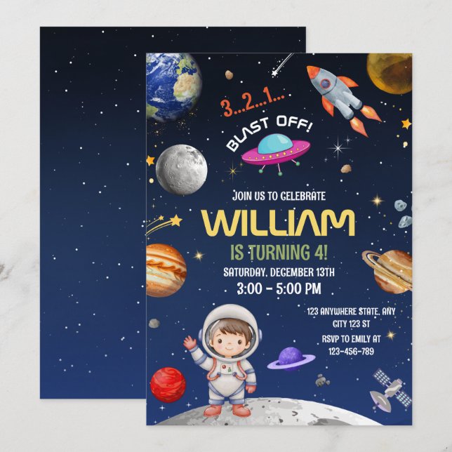 Convites Aniversário de Astronauta Espaço Exterior Galáxia  (Frente/Verso)