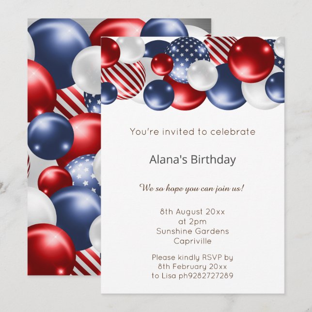 CONVITES ANIVERSÁRIO DE BALÃO 2 PRATA PATRIÓTICA AZUL VERME (Frente/Verso)