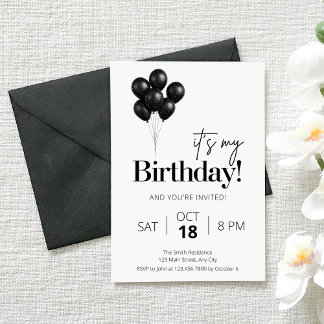 Convites Aniversário de Balão Preto e Branco Minimalista