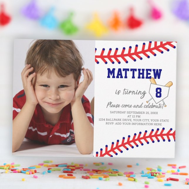Convites Aniversário de Baseball do Partido Esportivo de Fo (Boy Photo Sports Party Baseball Birthday Invitation)
