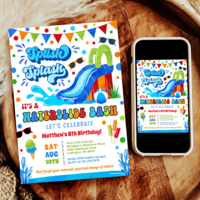 Convites Aniversário de Bash Boy Splash Waterslide (Splish Splash Waterslide Bash Boy Birthday Invitation)