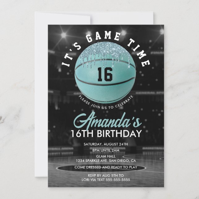 Convites Aniversário de Basquete das Meninas Verde-Azul (Frente)