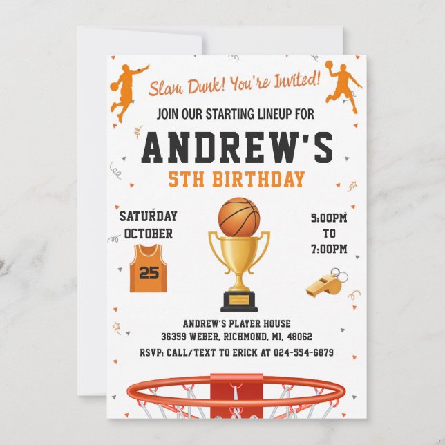 Convites Aniversário de Basquete Pessoal com Foto (Frente)