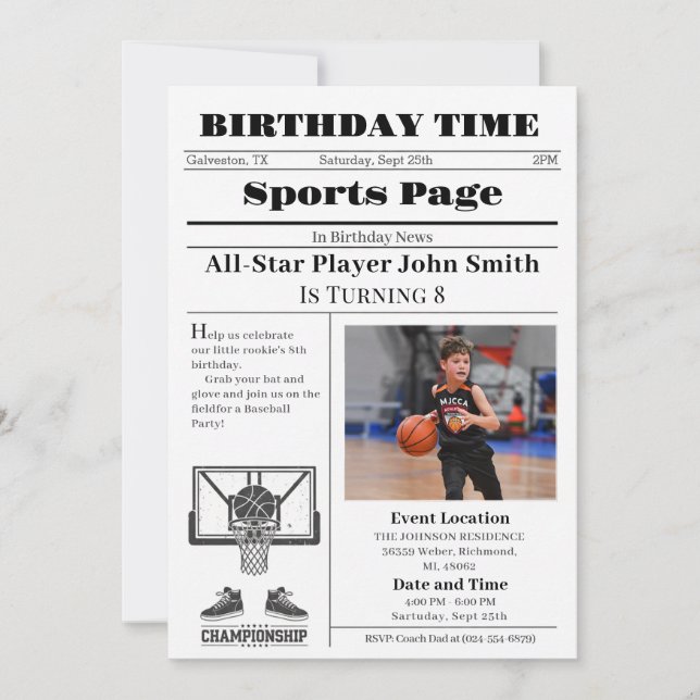 Convites Aniversário de Basquete Pessoal com Foto (Frente)