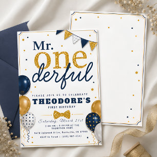 Convites Aniversário de Bebê Azul Marinho Dourado