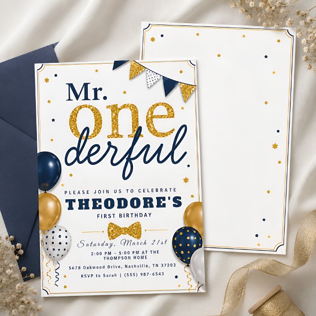 Convites Aniversário de Bebê Azul Marinho Dourado (Criador carregado)