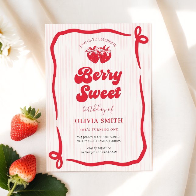 Convites Aniversário de Berry com Laço Rosa Primeiro Aniver (Criador carregado)
