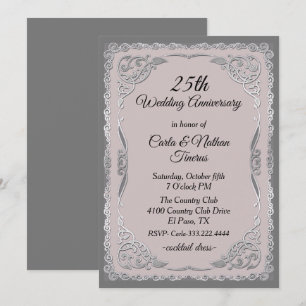 Convites Aniversário de Bodas Azul e Prata Ornamentado