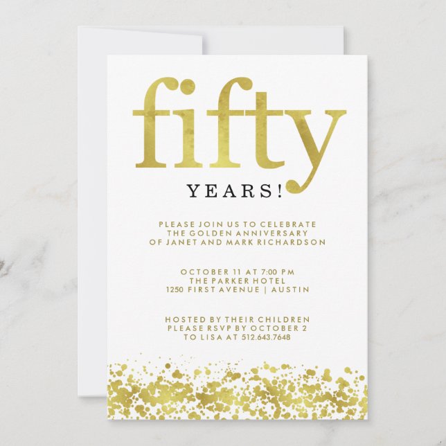 Convites Aniversário de Bodas de Número Cinquenta Confete D (Frente)