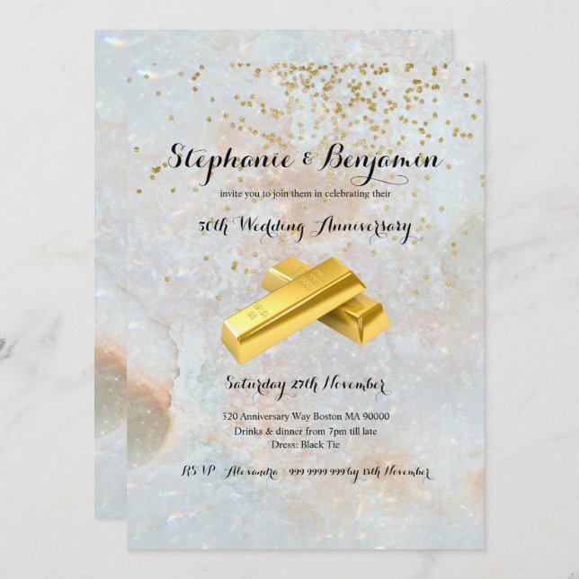 Convites Aniversário de Bodas de Ouro com Brilho Dourado 50 (Frente/Verso)