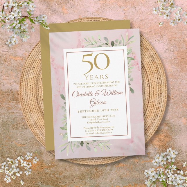 Convites Aniversário de Bodas de Ouro com Folhagens (50th Golden Wedding Anniversary Greenery Invitation)