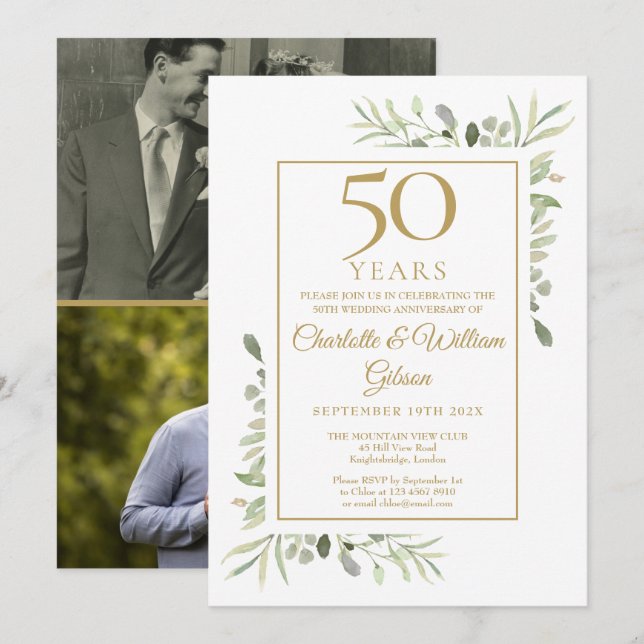 Convites Aniversário de Bodas de Ouro com Verdura 2 Foto (Frente/Verso)