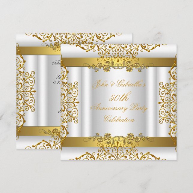 Convites Aniversário de Bodas de Ouro Elegante Ouro Branco  (Frente/Verso)