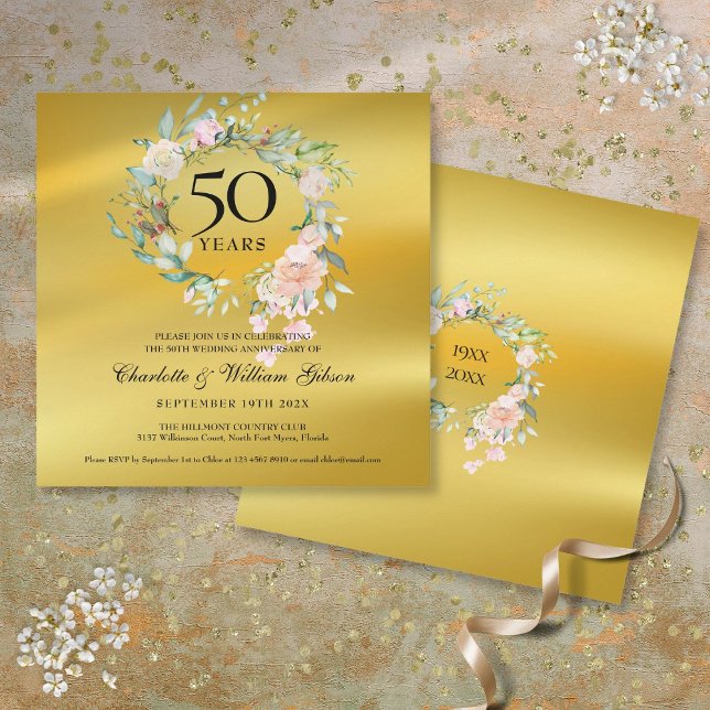 Convites Aniversário de Bodas de Ouro em Folha Dourada Flor (50th Golden Wedding Anniversary Floral Gold Foil Invitation)