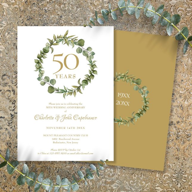 Convites Aniversário de Bodas de Ouro Nº 50 Guirlanda de Ve (50th Golden Wedding Anniversary Greenery Garland Invitation)