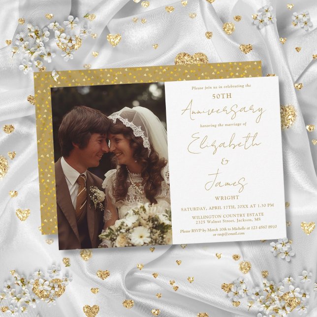 Convites Aniversário de Bodas de Ouro Script Dourado Foto C (50th Wedding Anniversary Gold Script Photo Wedding Invitation)