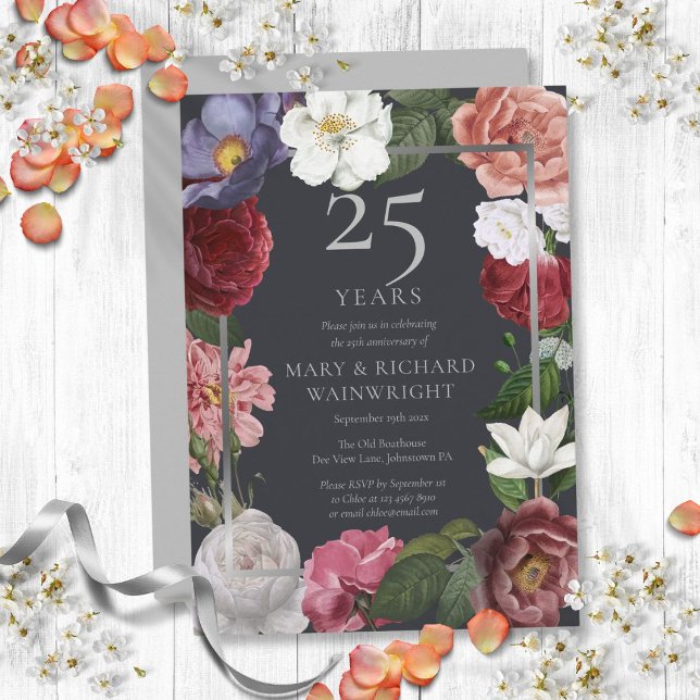 Convites Aniversário de Bodas de Prata de 25 anos Country R (25th Silver Wedding Anniversary Country Rose Invitation)