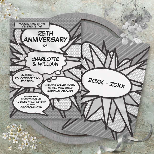 Convites Aniversário de Bodas de Prata de 25 anos em Quadri (25th Silver Wedding Anniversary Comic Book Pop Art Invitation)