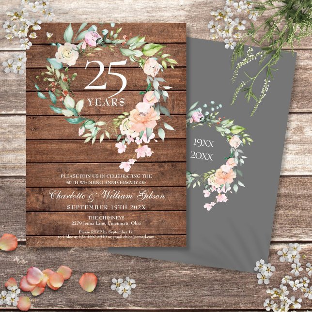 Convites Aniversário de Bodas de Prata nº 25 Floral Rústico (25th Silver Wedding Anniversary Floral Rustic Wood Invitation)