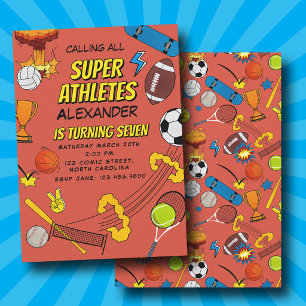 Convites Aniversário de Bolas Esportivas de Quadrinhos Retr