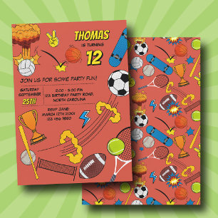 Convites Aniversário de Bolas Esportivas de Quadrinhos Retr