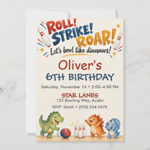Convites Aniversário de Boliche de Dinossauro Aquarela Verm