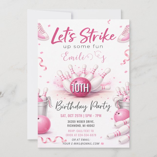 Convites Aniversário de boliche Rosa Personalizado (Frente)
