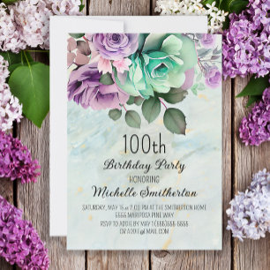 Convites Aniversário de Borboletas Florais Verde Roxo Menta
