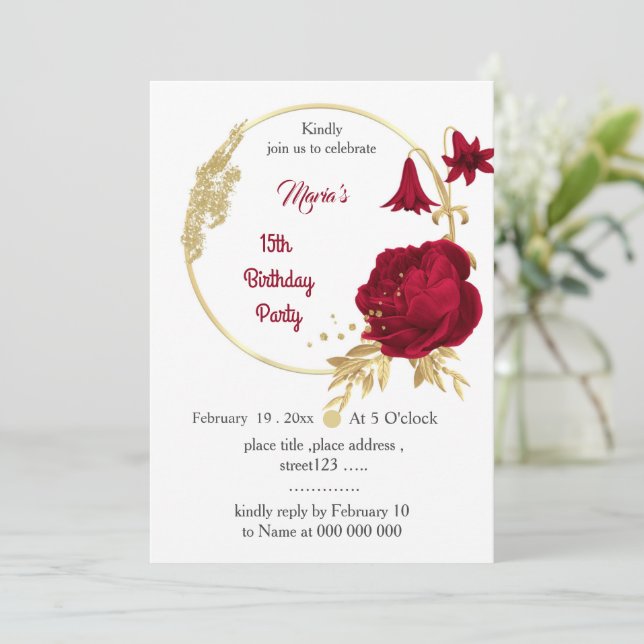 Convites aniversário de burgundy e dourada flores (Em pé/Frente)