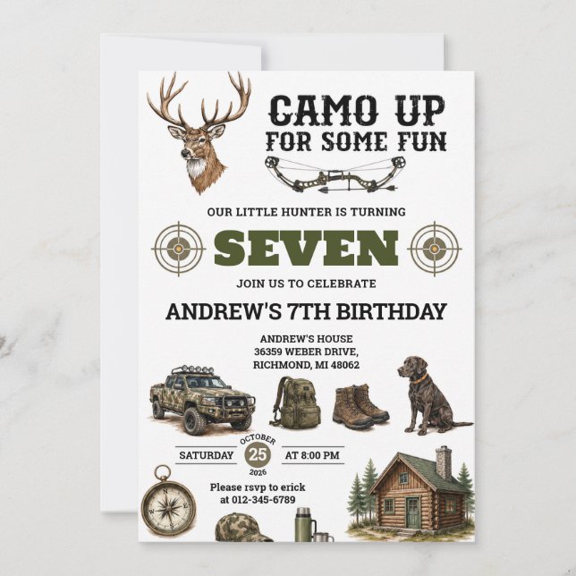 Convites Aniversário de caça com camuflagem personalizada (Frente)