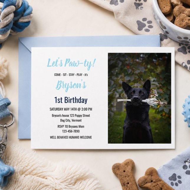 Convites Aniversário de Cachorro Personalizado Impressão de (Custom Dog Birthday Blue Paw Print Puppy Pet Invitation)