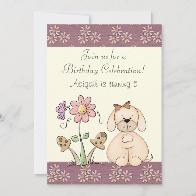 Convites Aniversário de Cães e Flores para Meninas (Frente)