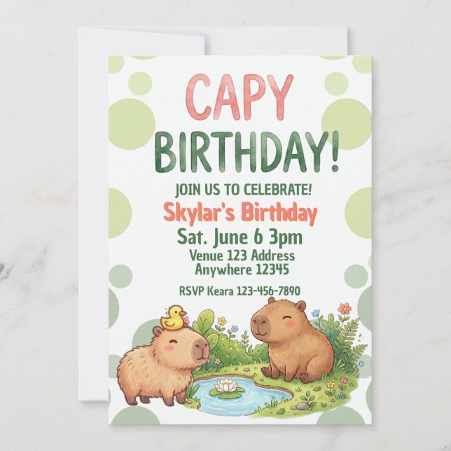 Convites Aniversário de Capivara Kawaii (Frente)