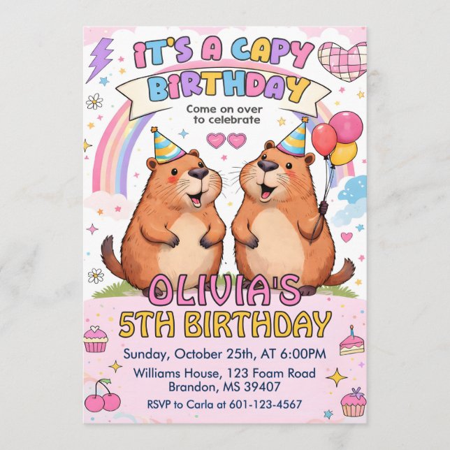Convites Aniversário de Capivara Rosa Fofa - Aniversário de (Frente)