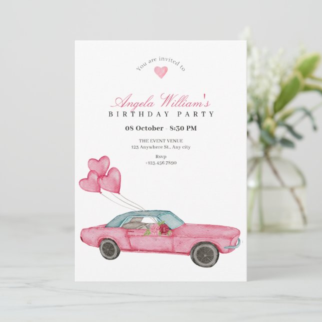 Convites Aniversário de carro cor-de-rosa-água (Em pé/Frente)