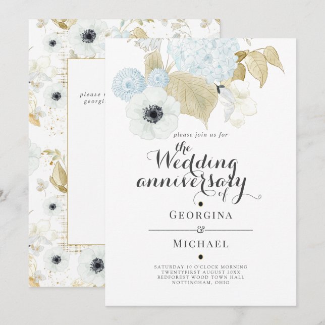 Convites Aniversário de Casamento Aquamarine Blue Gold Flor (Frente/Verso)
