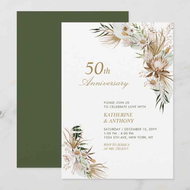 Convites Aniversário de Casamento Boho Botânico Verde & Dou (Frente/Verso)