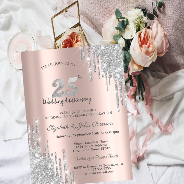 Convites Aniversário de Casamento Chic Prata com Glitter 25 (Criador carregado)