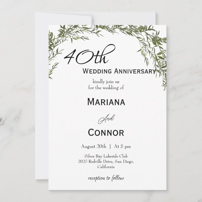 Convites Aniversário de Casamento Clássico Moderno com Folh (Frente)