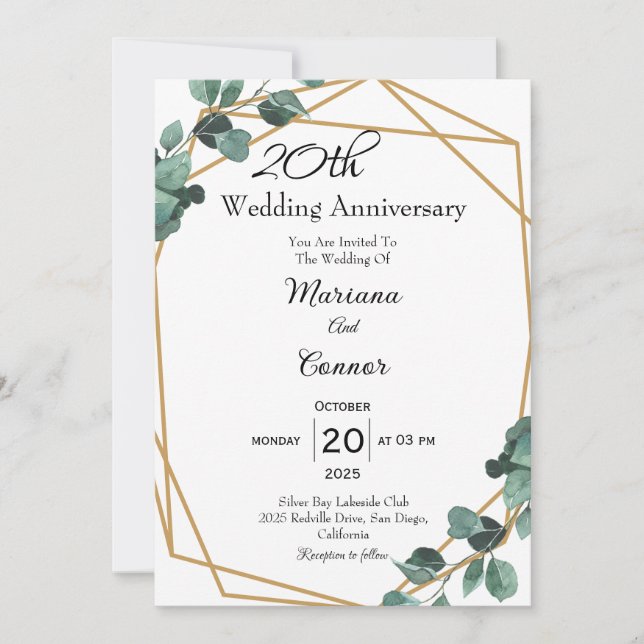 Convites Aniversário de Casamento com Folhagem Esmeralda Fr (Frente)